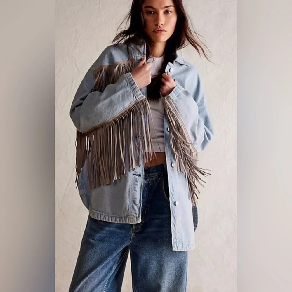 Fringed Light Wash Denim Jacket - Blue - Picture 7 of 7